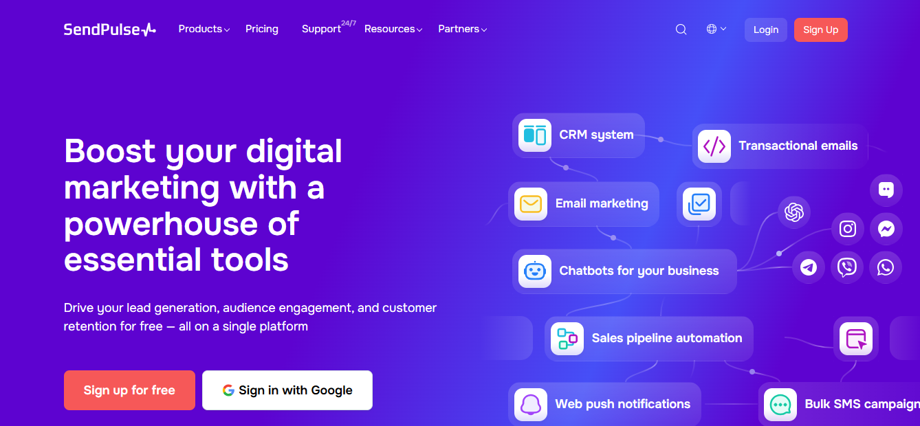 SendPulse platform showing multi-channel marketing features including email, SMS, and chatbots